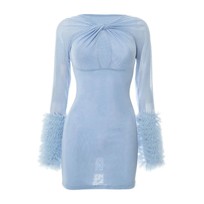 2025 Autumn Furry Patchwork Dress Women See Through Full Sleeve Sexy Hollow Cross Elegant Luxury Banquet Birthday Party Clubwear Badiee Stylez