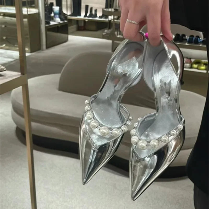Spring/Summer New Pointed High Heels Hollow Fashion Banquet Pearl Hollow V-Mouth Women's Thin Heels Shallow Mouth Sandals Silver 9 cm