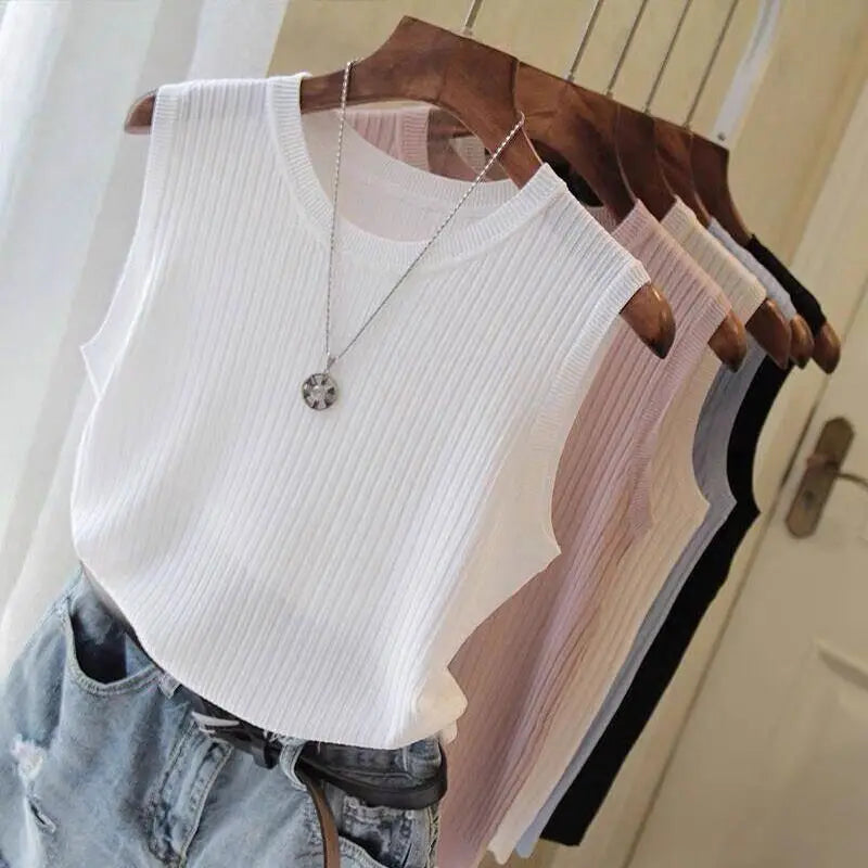 Summer Women Knitted Loose Sweater Vests Sexy O-Neck Sleeveless Knitwear Tank Tops YRFZ-N6634