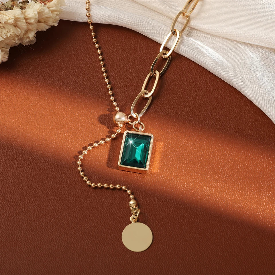 Trendy Square Stainless Steel Green Zirconia Pendant Necklaces For Women Girls Gold Color Metal Round Drop Jewelry Birthday Badiee Stylez