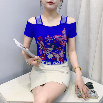 New Arrival Summer European Clothes Women's T-Shirts Chic Luxury Butterfly Hot Diamonds Tees Sexy Girl Slim Streetwear Tops Picture color 12