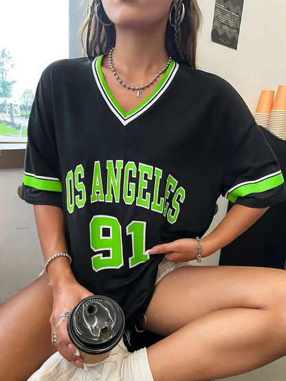 Women's Large Printed T-shirt Los Angeles 91 Letter Short Sleeve V-neck Loose Street Wear Sports Jersey Spring/Summer Tshirt Top WCL31703