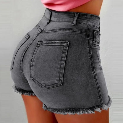 High Waist Hot Pants Women's Jeans Available in Multiple Colors Women's Denim Stretch Shorts Stretch Tassel Distressed grey