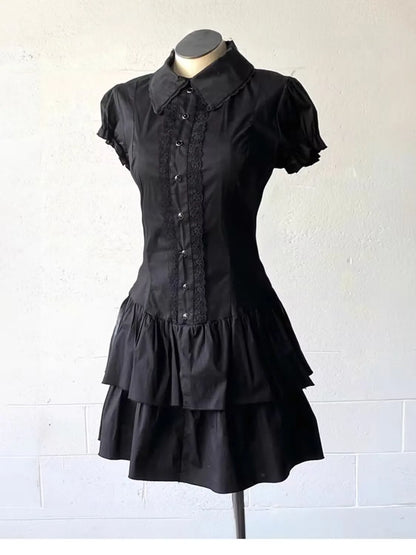Vintage Black Y2k Dresses Lace Shirt Dress for Women Slim Waist All-match Dresses Short Sleeve Vestidos De Mujer Summer Dress