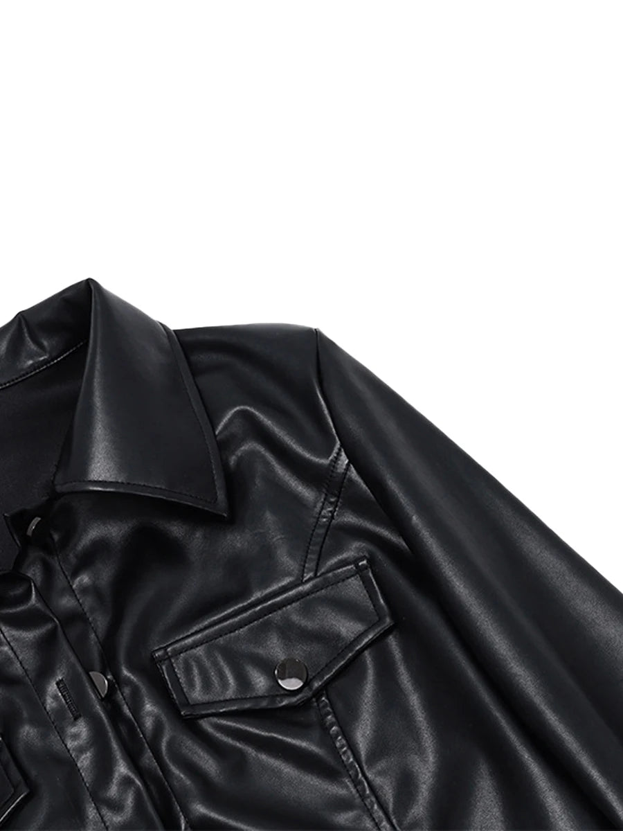 Women Crop Leather Jacket Solid Black Casual Long Sleeve Button Down Jacket Fall Outwear