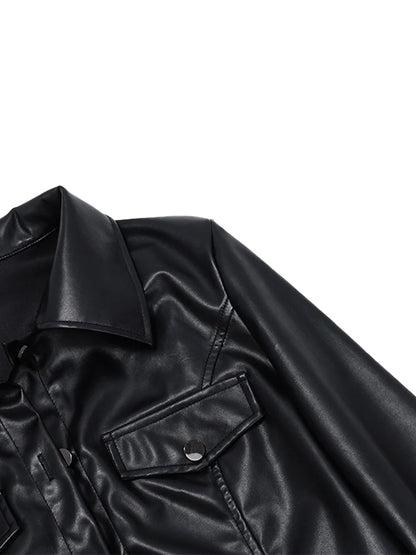 Women Crop Leather Jacket Solid Black Casual Long Sleeve Button Down Jacket Fall Outwear