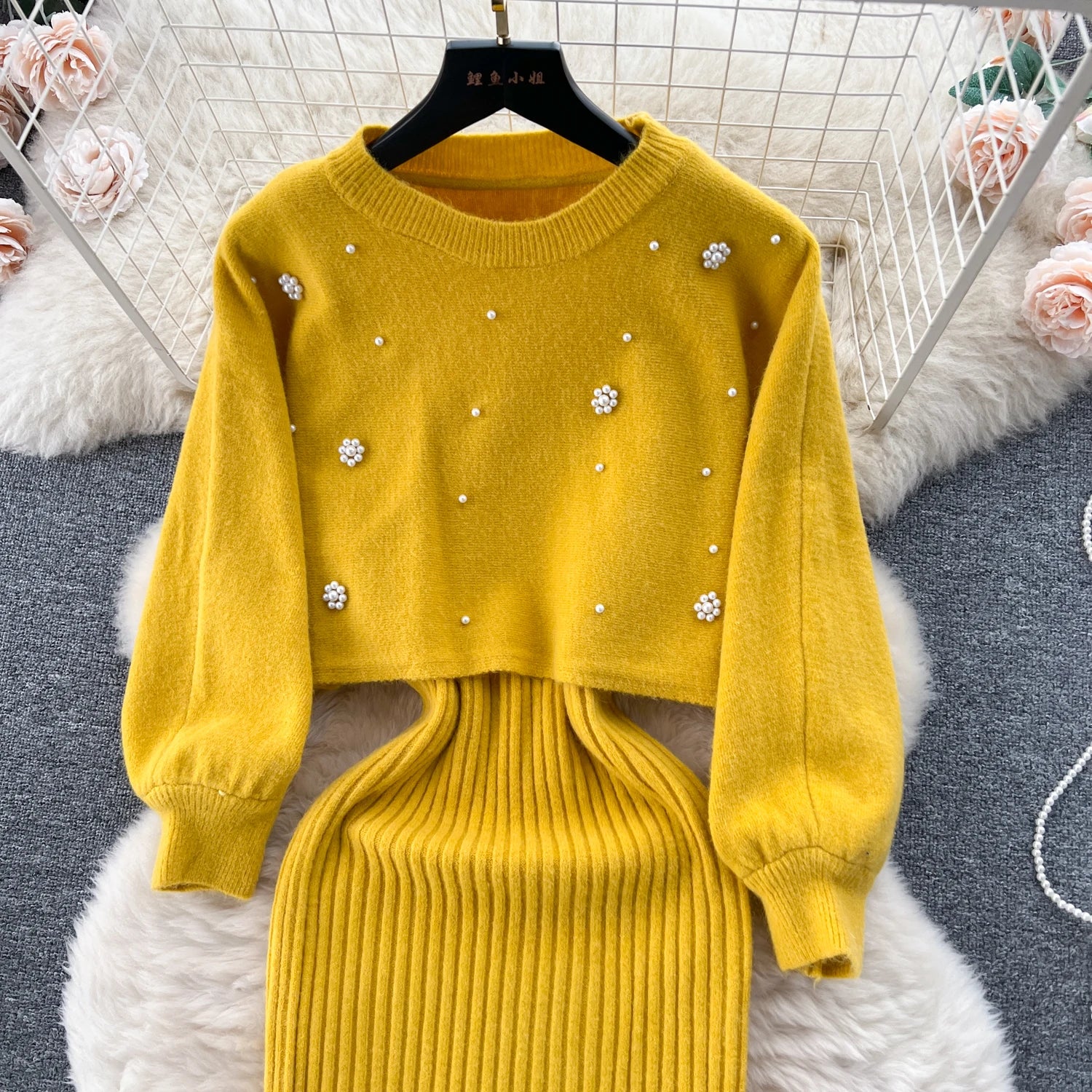 SINGREINY Beading Casual Two Piece Set Women Long Sleeve O Neck Pullover Midi Dress Fashion 2023 Winter Sweater Suit Dresses Badiee Stylez