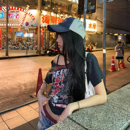 Gothic Tee Y2k Letter Print Off Shoulder Punk T-shirts Women Harajuku Summer Streetwear Grunge T Shirt Aesthetic Sexy Crop Tops