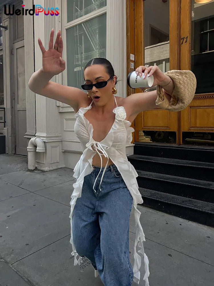 Weird Puss Ruffles Flowers Tank Tops Women Mesh Summer Sexy Deep V-Neck Irregular Tassel Halter Backless Camisole Wild Street