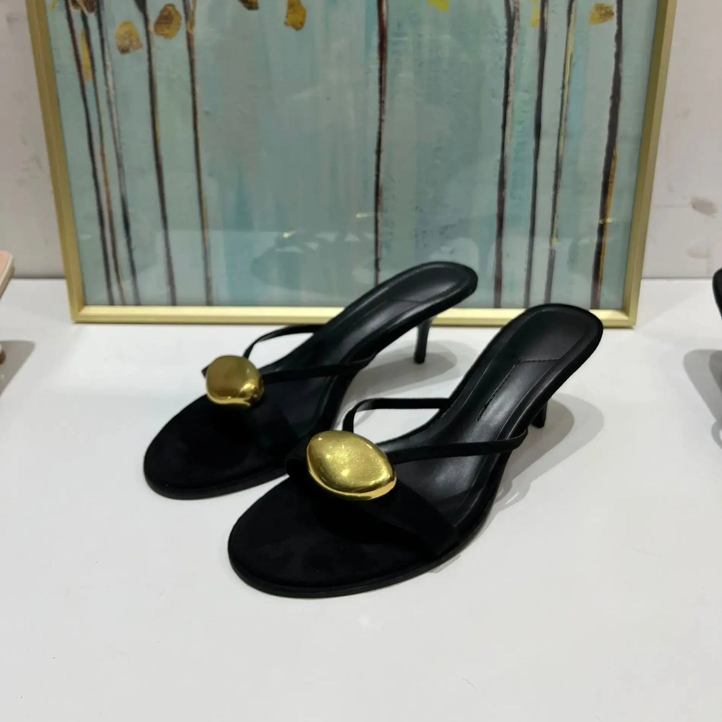 Shoes Woman 2025 Summer New Black Metal Decorative Women's Sandals Outerwear Fashion Open Toe Thin Heels Slippers black