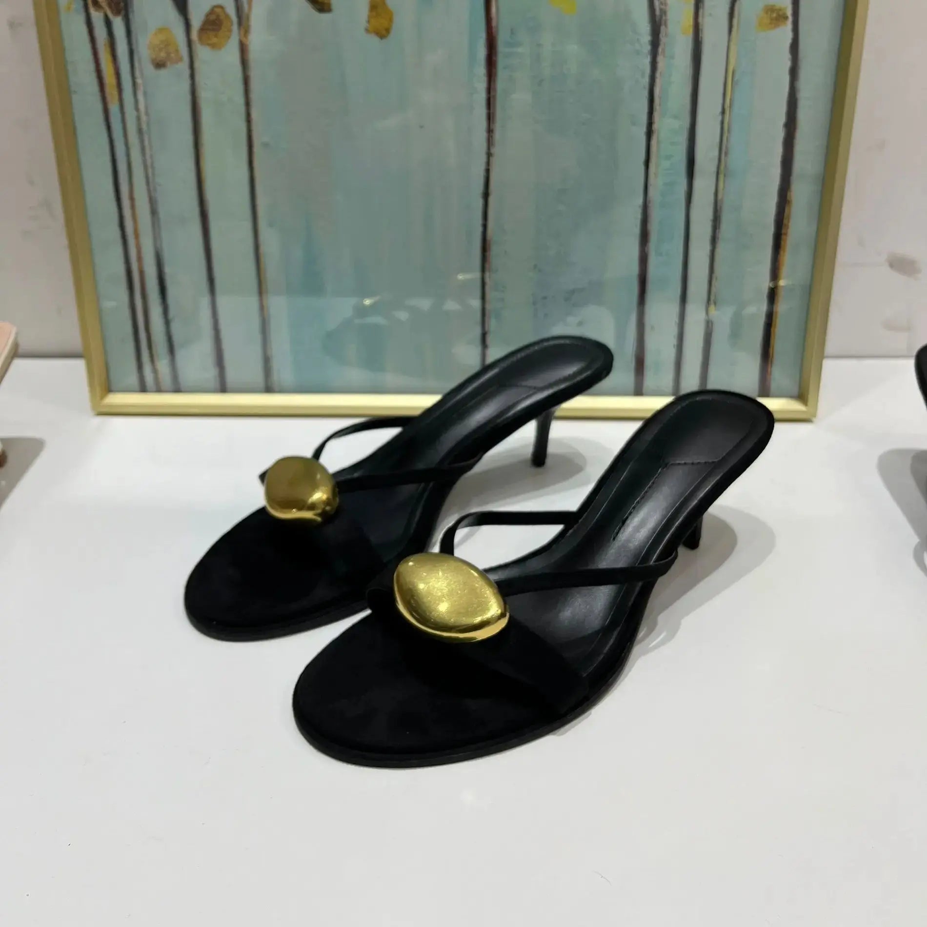 Shoes Woman 2025 Summer New Black Metal Decorative Women's Sandals Outerwear Fashion Open Toe Thin Heels Slippers black