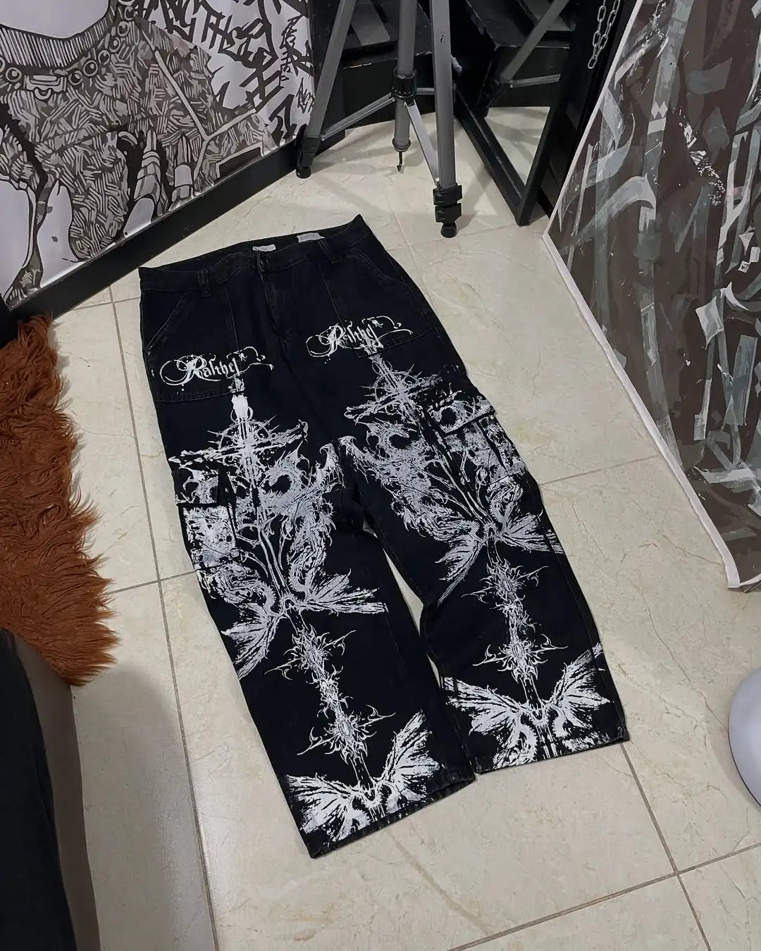 New Hip-hop Punk Harajuku Y2K Streetwear Trousers Women Goth Cross Print Baggy Jeans American Retro High Waist Wide-leg Pants AA 2