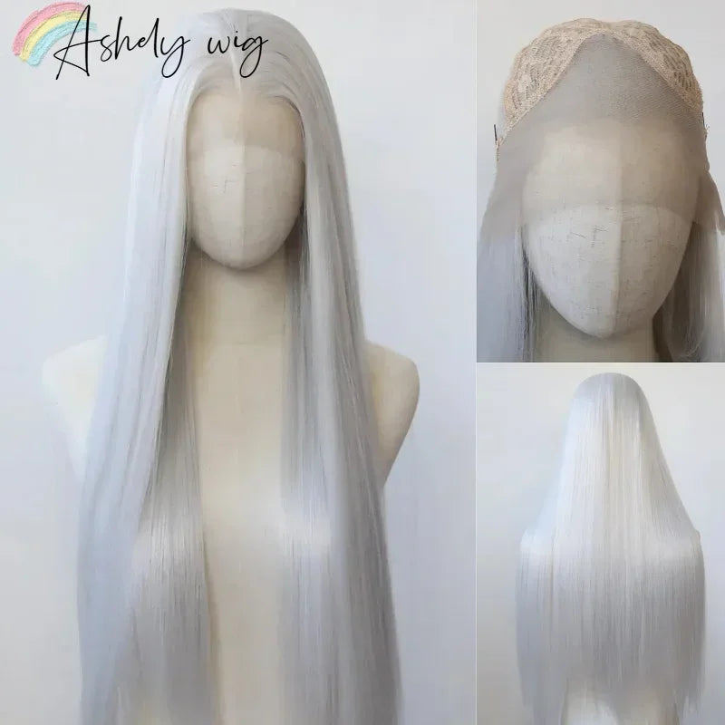 13*4 Dark Brown Synthetic Lace Front Wigs Chocolate Brown Long Straight Lace Front Wig for Women Pre Plucked Natural Hairline Sliver White