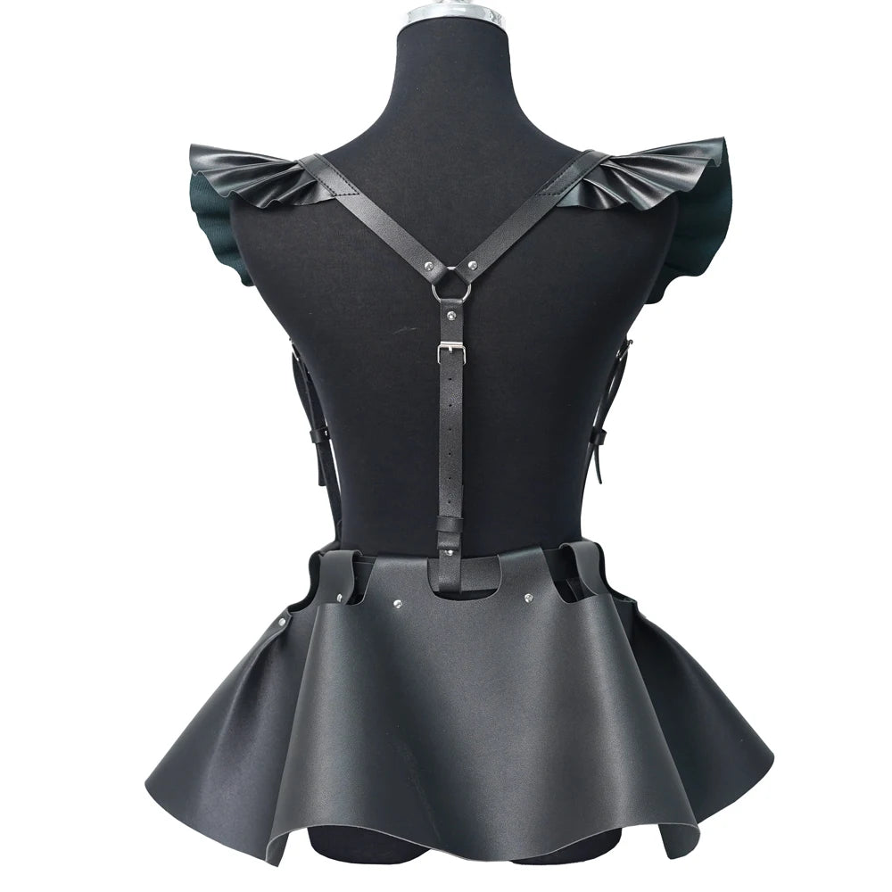 Women's Fashion Leather Body Harness Belt Skirt With Ruffle Hem Gothic Style Waist &Shoulder Belt Clothing Accessory