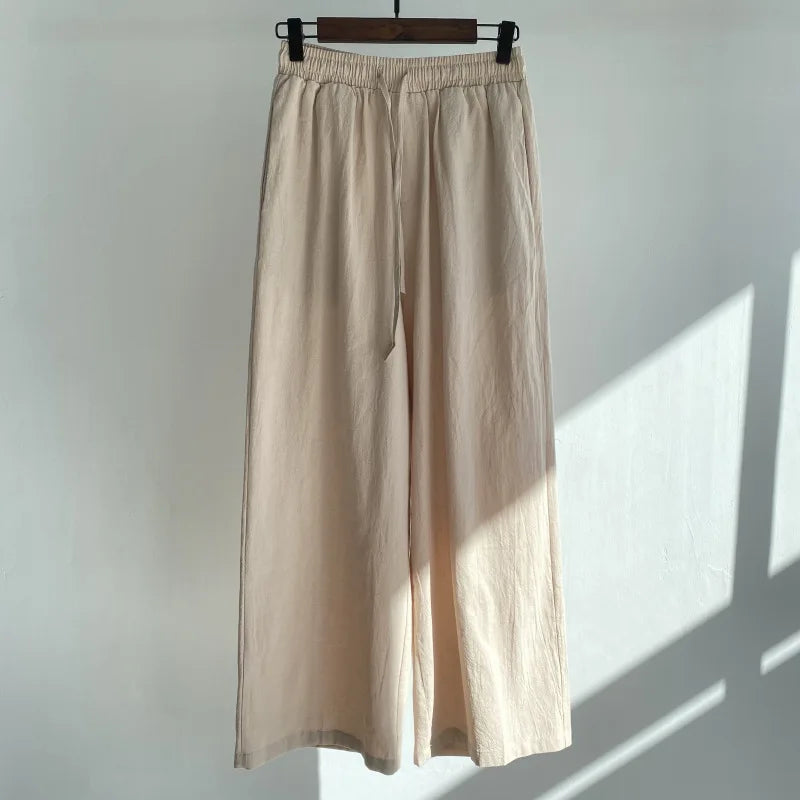 Pants Set Women Shirts Wide Leg Elastic Waist Cotton Linen Casual Sets Elegant Loose Long Sleeve Lapel Spring Shirt Y2k Suit