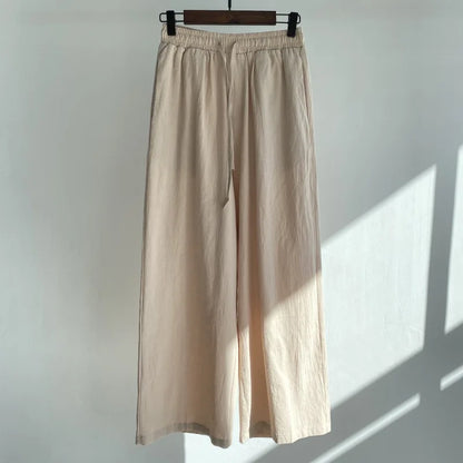 Pants Set Women Shirts Wide Leg Elastic Waist Cotton Linen Casual Sets Elegant Loose Long Sleeve Lapel Spring Shirt Y2k Suit