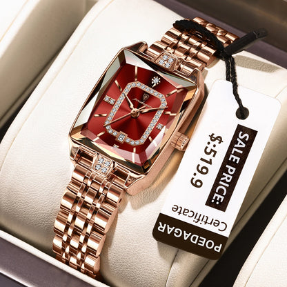 POEDAGAR Luxury Watch For Woman Waterproof Calendar High Quality Ladies Watch Stainless Steel Quartz Women's Watches Elegant+Box 785 RoseGold Red