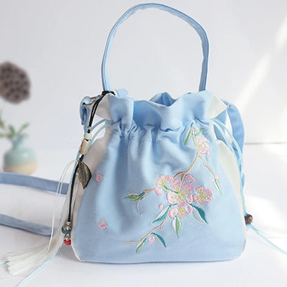 Chinese Style Women's Drawstring Bag Vintage Flower Embroidery Hanfu Handbag Street Fashion Girls Bucket Shape Shoulder Bag