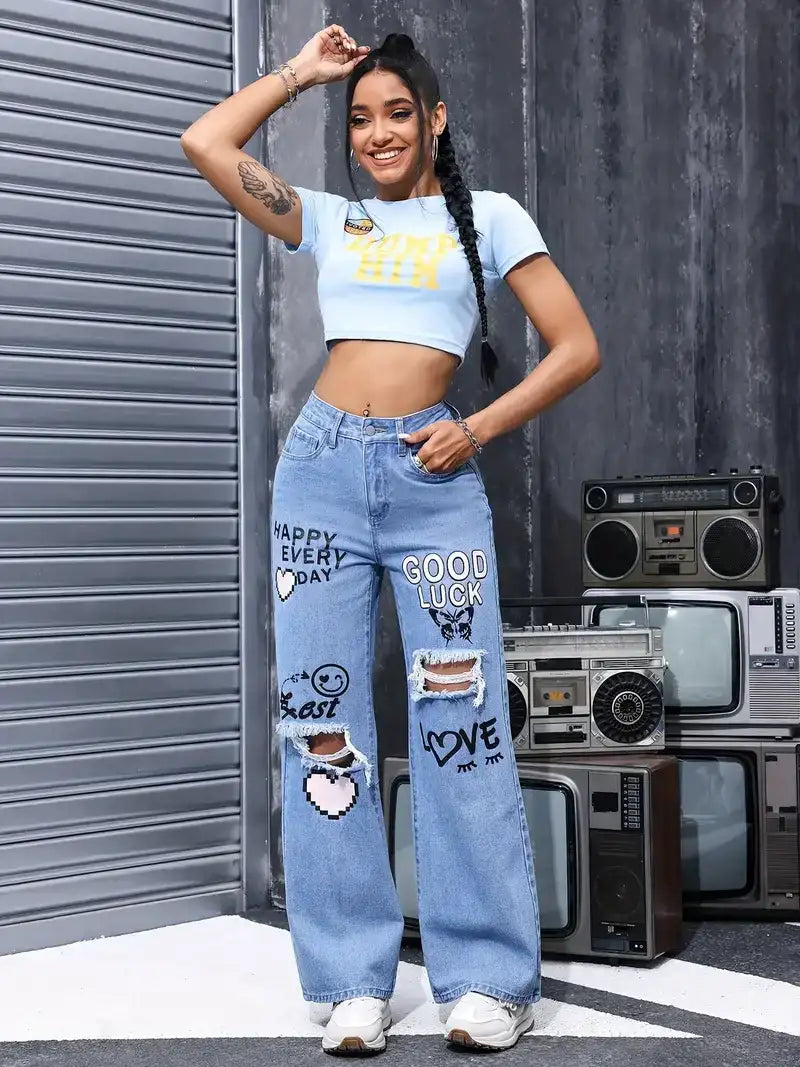 Women's High Waist Button Up Butterfly Print Jeans Fashion Casual Straight Pants for Women Spring Summer 2024 Chic Ripped Jeans