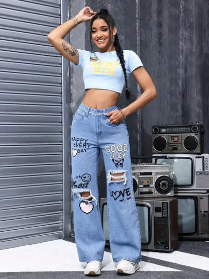 Women's High Waist Button Up Butterfly Print Jeans Fashion Casual Straight Pants for Women Spring Summer 2024 Chic Ripped Jeans