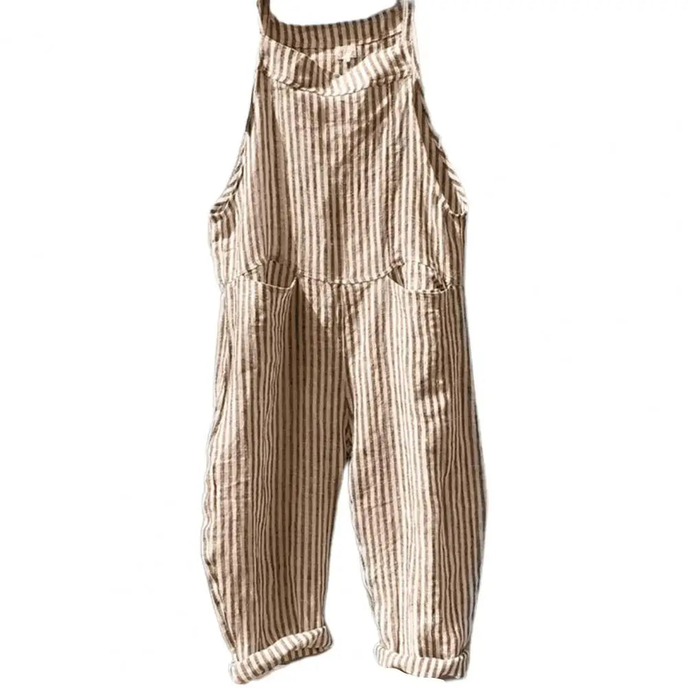 Casual Striped Print Sleeveless Jumpsuit Sling Big Pockets Wide Leg Summer Jumpsuit Women Female Clothing Yellow