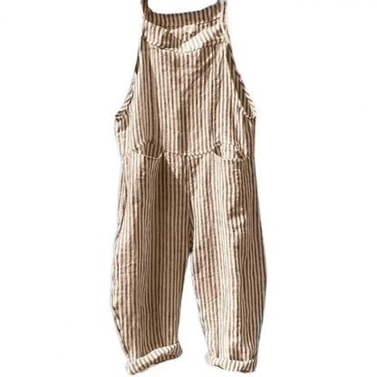 Casual Striped Print Sleeveless Jumpsuit Sling Big Pockets Wide Leg Summer Jumpsuit Women Female Clothing Yellow