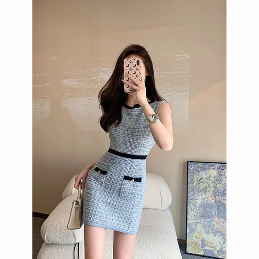 Korejpaa Korean Fashion Tank Dresses Women Simple Contrast Color Sleeveless Knitted Bodycon Dress Casual Slimming Vestidos