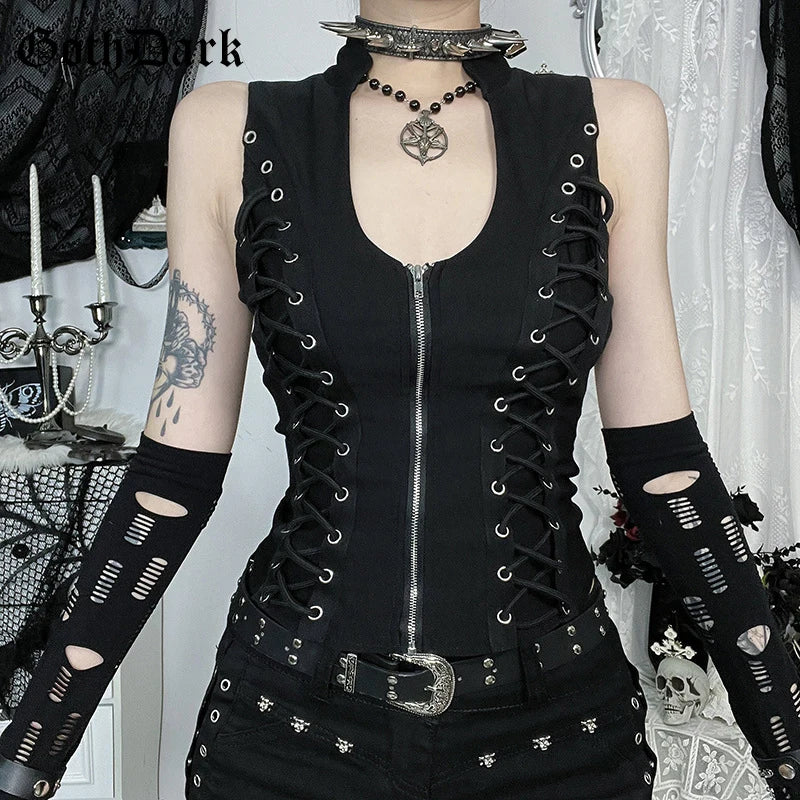 Goth Dark Punk Sleeveless Corn Bandage Tanks Top Women Chic Streetwear Slim Zip Vest Mall Gothic Techwear Summer Fashion T-shirt