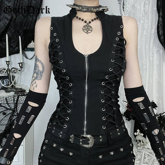 Goth Dark Punk Sleeveless Corn Bandage Tanks Top Women Chic Streetwear Slim Zip Vest Mall Gothic Techwear Summer Fashion T-shirt