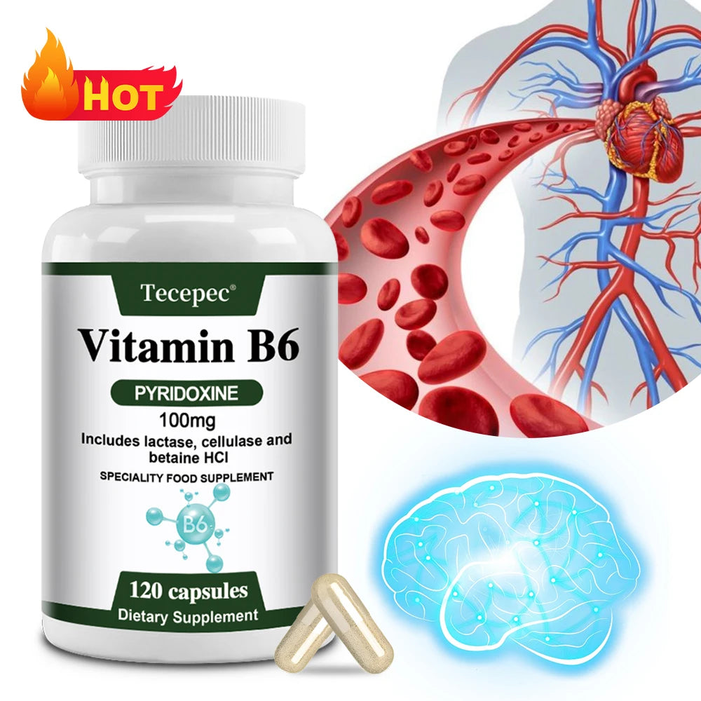 Vitamin B6, 100 Mg, with Lactase, Cellulase, and Betaine for Mental and Physical Energy, Brain Health, Heart Health, Non-GMO