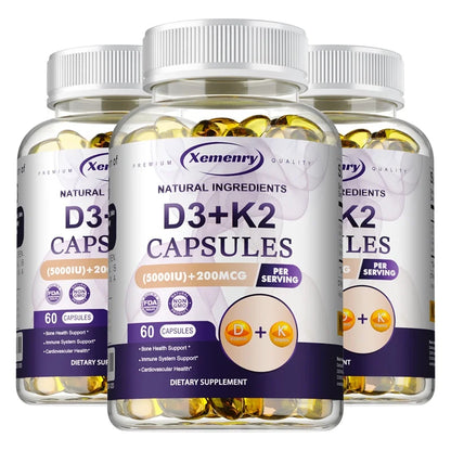 Vitamin D3 5000IU and 200 Mcg Vitamin K2 (MK-7) Capsules for Calcium Absorption, Bone Regeneration, Immune Support, Easy To Melt 60 Capsule-3bottles