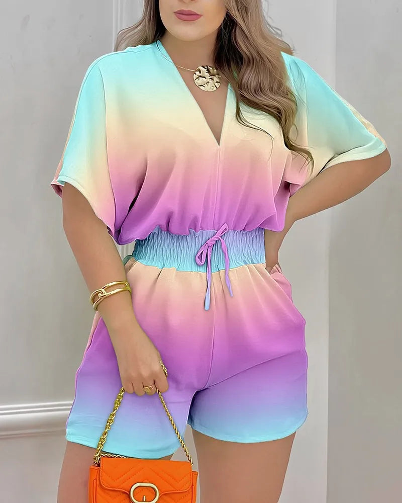 Jumpsuit Women Summer Women Loose Casual Printing Jumpsuit 2024Elegant Women Fashion V-neck Short Sleeve Waist Shorts Jumpsuit 1