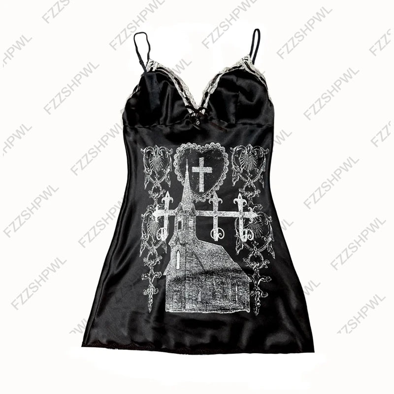 Solid color lace stitching suspenders bow decoration casual Y2K crop top rock retro aesthetics slim fit versatile punk women top Dark Grey