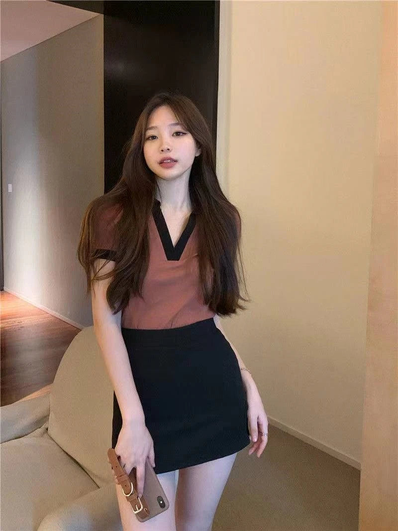 Summer Fashion Y2K T-shirt Woman Patchwork Polo Tee Shirt Femme Sexy OL Clothes Women Short Sleeve V-neck Tshirts Tops