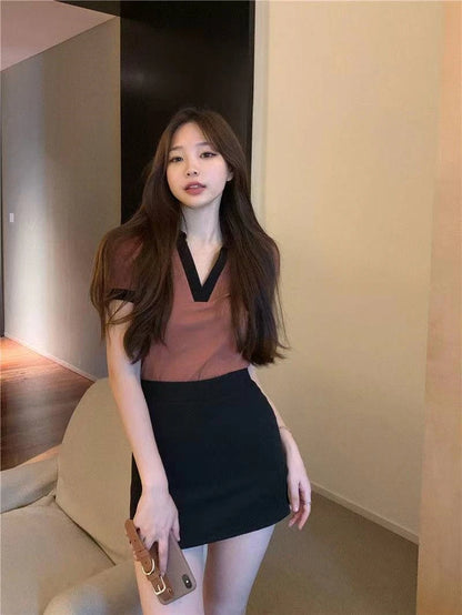 Summer Fashion Y2K T-shirt Woman Patchwork Polo Tee Shirt Femme Sexy OL Clothes Women Short Sleeve V-neck Tshirts Tops