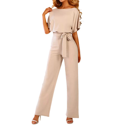 Women's clothing summer 2024 Jumpsuit, Elegant Short Sleeve Hollowed Waist Tie Solid Summer Wide Leg Pants Badiee Stylez
