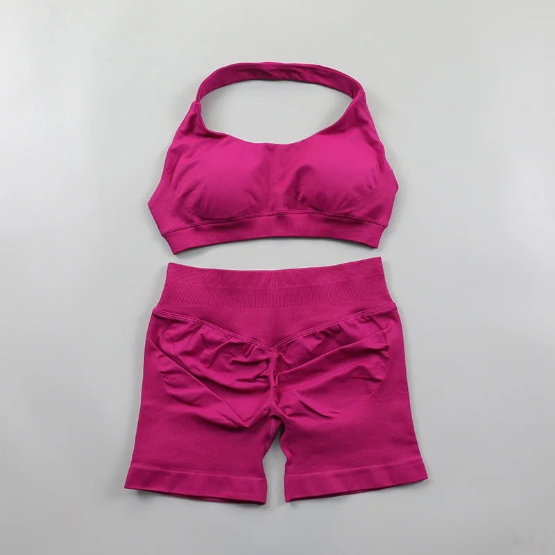 Fitness Shorts Sets Seamless Yoga Set Women 2Pcs Halter Sports Bra Scrunch Butt Gym Shorts Set Workout Clothes Summer Sportswear Badiee Stylez