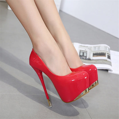 Super High Heels 16cm Red Wedding Women Shoes Black Metal Platform Sexy Patent Leather Round Toe Female Pumps Party 2025 Autumn Red