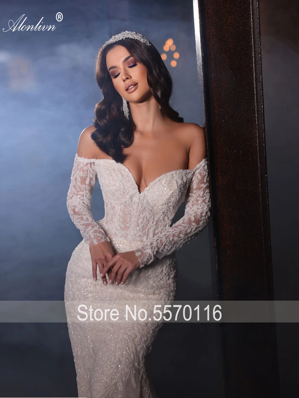 Alonlivn Luxurious Embroidery 2 In 1 Mermaid  Bridal Gown Beading Appliques Lace Off Shoulder Sleeves Sweetheart Wedding Dress Badiee Stylez