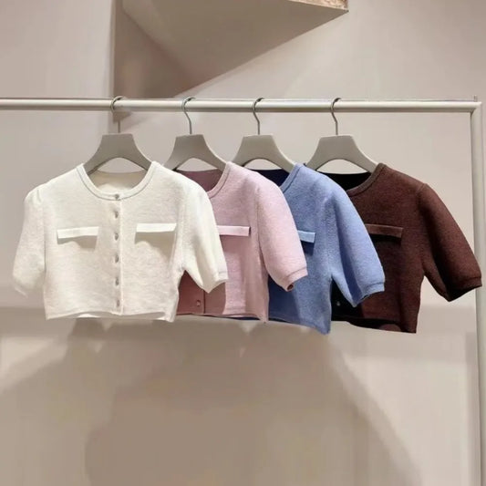 Kuzuwata Gentle Elegant O Neck Half Sleeve Jumper Knit All-match Short Preppy Literary Cardigan Japan Spring New Fresh Sweaters