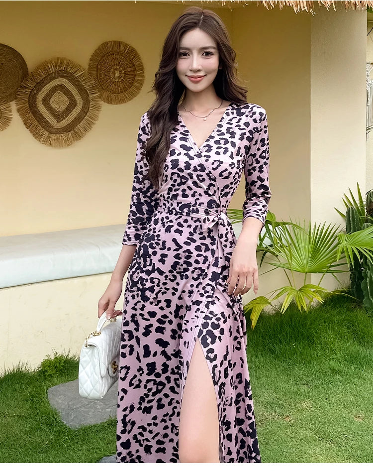 ZAROY Leopard Print Luxury Women Wrap Dresses Elegant V Neck Party Evening Long Dress Casual Belted Holiday Beach Robe Vestidos
