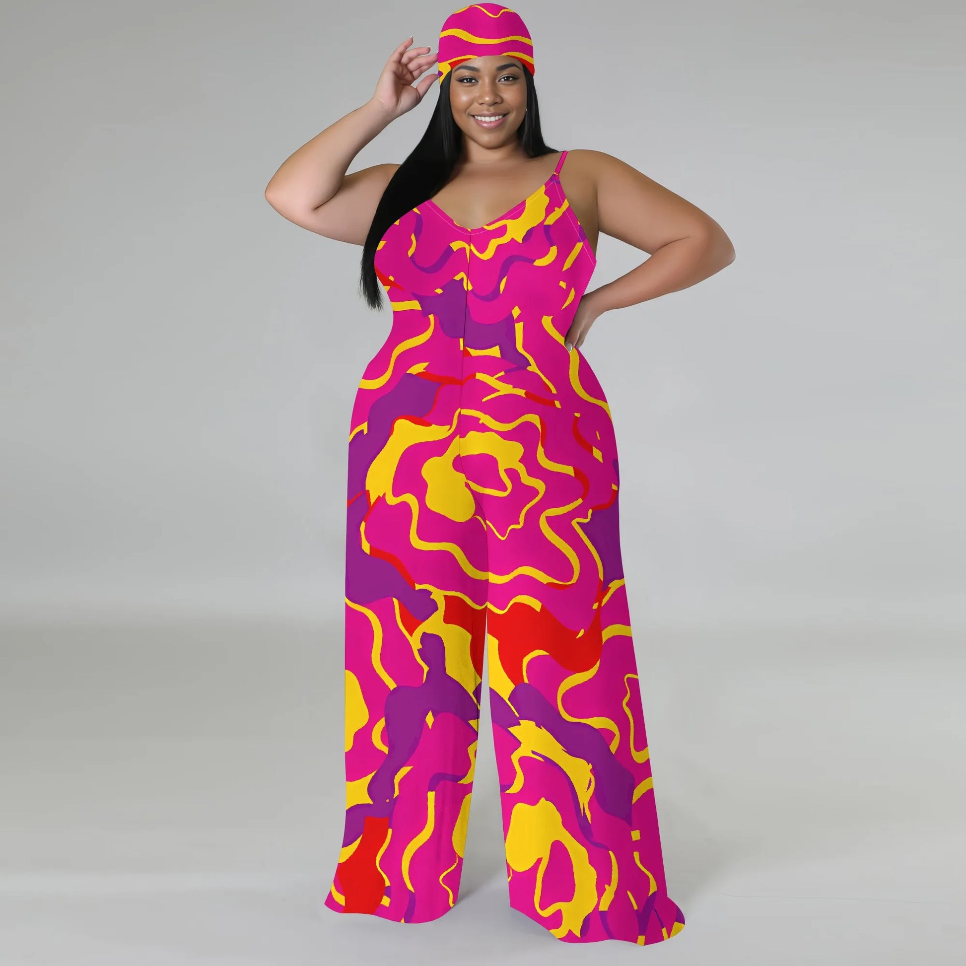 Plus Size Spaghetti Strap Jumpsuit Pink Yellow Abstract Print Wide Leg Summer Romper for Women