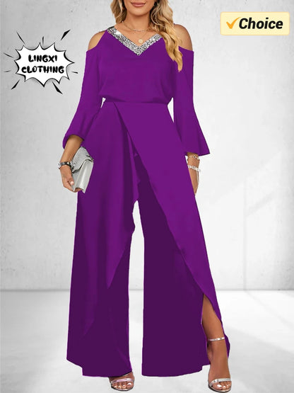 2024 Women's New Split Sequin Solid V-neck Basic Business Elegance Wide Leg Loose Sleeve Flare Sleeve Jumpsuit Bodysuit