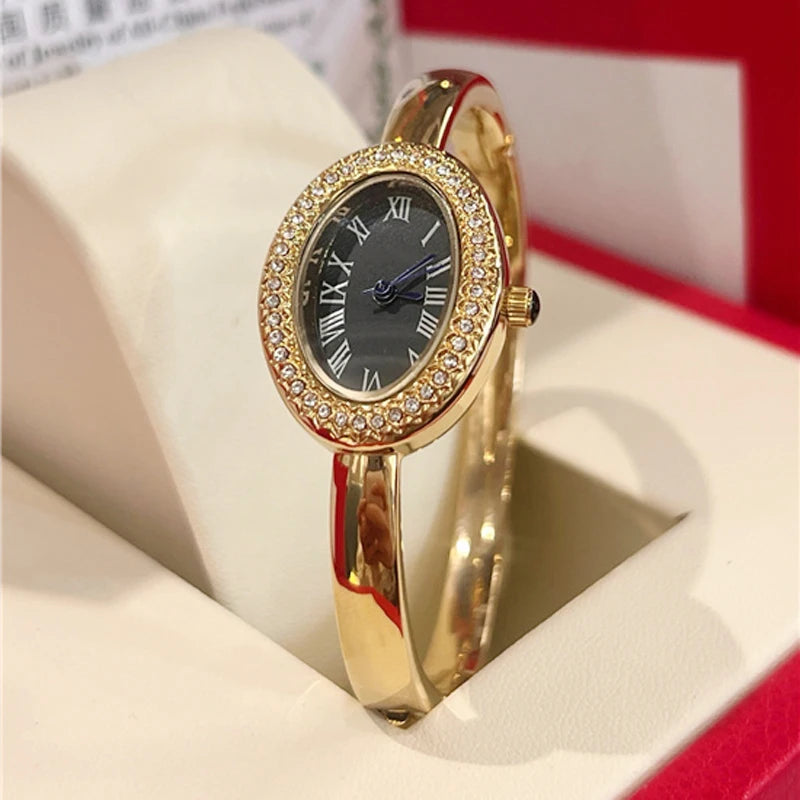 Fashion Brand Wrist Watches Woman Girl Oval Diamond Crystal Bracelet Style Quartz Steel Metal Band Luxury Clock CA192 B Gold black