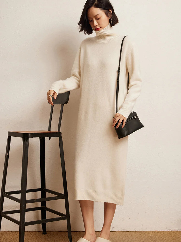 100% Cashmere Sweater Long Dress New Women High Turn-down Collar Pullover  Soft Cosy Autumn Winter Casual Solid Knitwear Dress Badiee Stylez