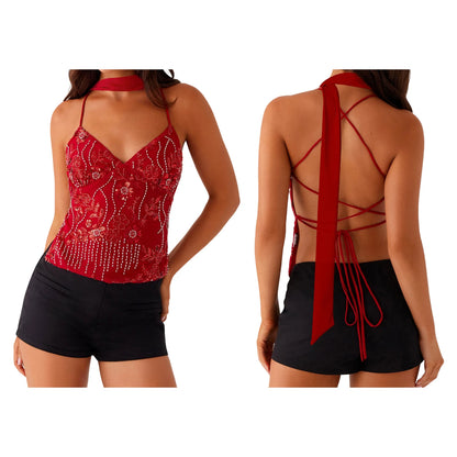 Combhasaki Women Summer Sleeveless Beading Camis Top V-neck Tie-up Cross Backless Pearl Glitter Sequin Flower Embroideried Vest Red with Scarf
