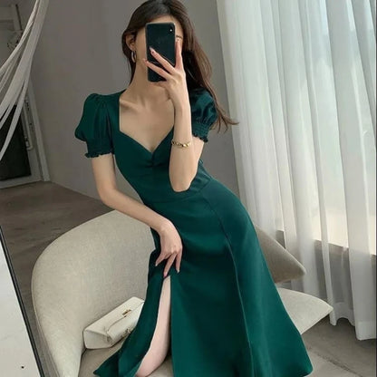 Solid Puff Short-Sleeved Elegant Slit Dress New Fashion Women V-neck Full Dresses Ladies High Waist Slim Evening Party Vestidos