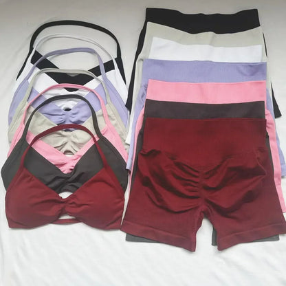 WHENG Gym Set 2 Piece Women Strappy Yoga Bra Top Workout Scrunch Shorts Sports Suit Fitness Clothes Seamless Yoga Set Badiee Stylez