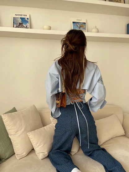 Gidyq Korean Bandage Shirt Women Fashion Backless Sexy Blouse Office Ladies Casual Slim Chic Turn Down Collar Long Sleeve Tops