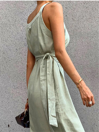 REALEFT New 2024 Summer Cotton Linen Women's Long Dresses Vintage Lace Up Maxi Dress Sashes Sleeveless Female Tank Beach Dresses